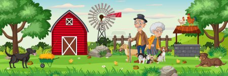 Téléchargez les illustrations : Illustration vectorielle de dessins animés de grands-parents passant du temps avec leurs animaux de compagnie à la ferme - en licence libre de droit