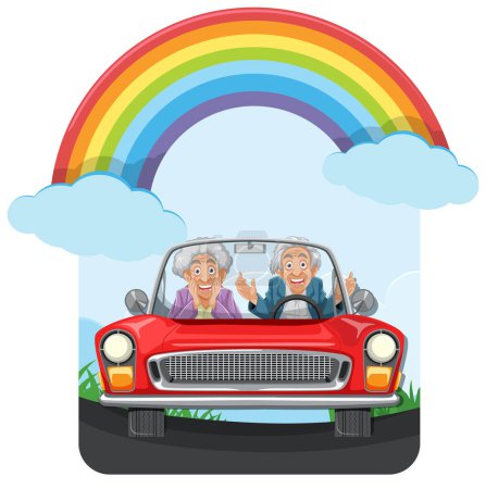 Ilustración de Personas mayores disfrutando de un día soleado en un coche descapotable lleno de arco iris - Imagen libre de derechos