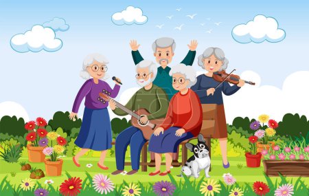 Ilustración de Felices jubilados disfrutando de música y entretenimiento en un parque - Imagen libre de derechos