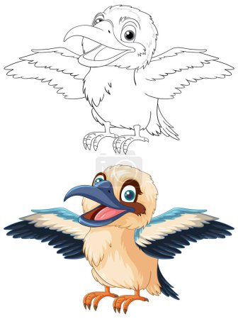 Illustration for A smiling Kookaburra bird native to Australia stands with its wings open and wild, isolated on a white background illustration - Royalty Free Image