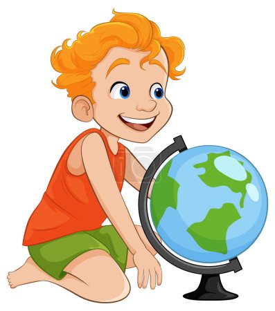 Illustration for A cheerful boy sitting and looking at a world globe toy - Royalty Free Image