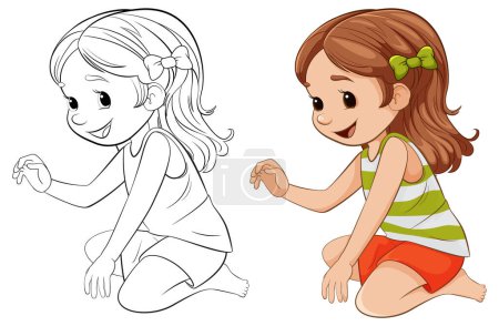 Téléchargez les illustrations : Un personnage de dessin animé joyeux d'une fille assise, prête à être colorée - en licence libre de droit