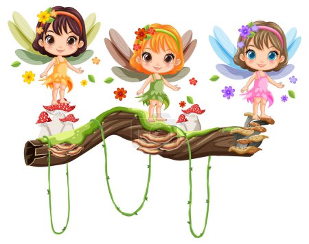 Téléchargez les illustrations : Illustration vectorielle de trois fées debout sur des branches - en licence libre de droit