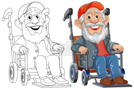 Téléchargez les illustrations : Un homme âgé heureux profitant de son temps sur un fauteuil roulant - en licence libre de droit