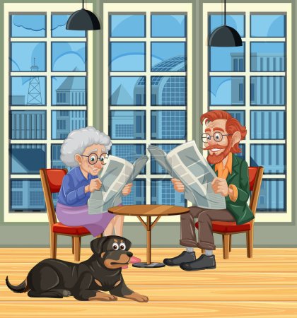 Téléchargez les illustrations : Vieux grands-parents aiment lire le journal avec leur Rottweiler dans l'appartement - en licence libre de droit