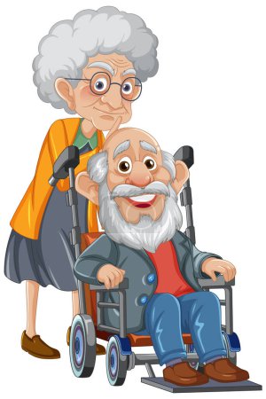 Illustration for A caring grandmother pushing her elderly husband on a wheelchair - Royalty Free Image