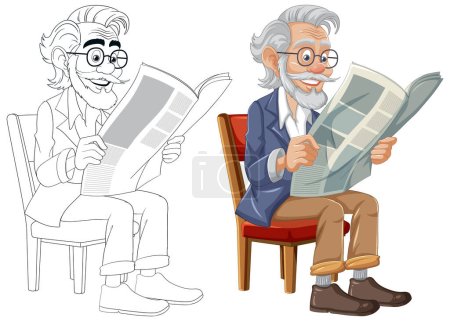 Téléchargez les illustrations : Un homme âgé avec une barbe et une moustache, portant des lunettes, assis sur une chaise vintage, absorbé par la lecture d'un journal - en licence libre de droit