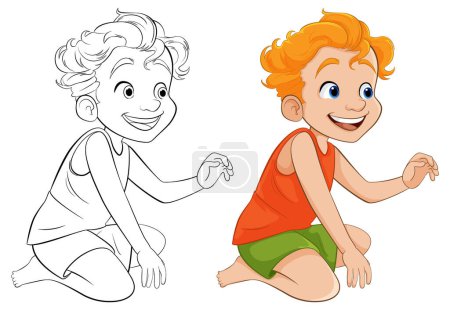 Téléchargez les illustrations : Personnage de dessin animé vectoriel d'un garçon heureux assis, avec un contour pour la coloration - en licence libre de droit