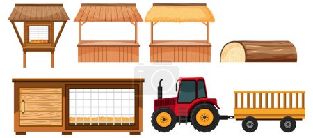 Illustration for Vector cartoon illustration of a farm with wooden shelter and tractor - Royalty Free Image
