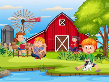 Illustration for Children enjoying rural landscape at farm house with river - Royalty Free Image