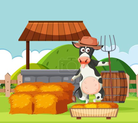 Téléchargez les illustrations : Adorable vache dans un paysage de ferme avec une fourchette de jardin - en licence libre de droit