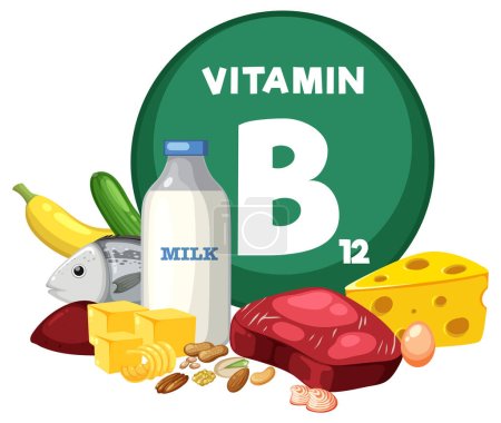 Téléchargez les illustrations : Un dessin animé coloré illustrant divers fruits et légumes riches en vitamine B12 - en licence libre de droit