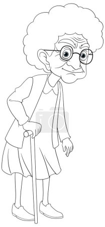 Ilustración de Una abuela vieja usando un bastón, representado en un estilo de dibujos animados vectoriales - Imagen libre de derechos