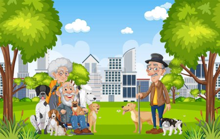 Ilustración de Personas mayores encuentran alegría en el parque con sus mascotas, rodeadas por un paisaje urbano - Imagen libre de derechos