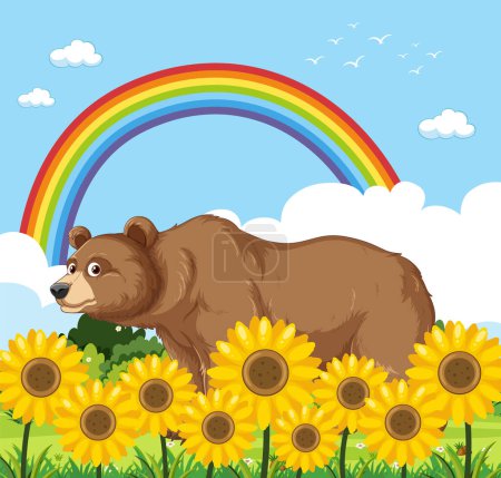 Téléchargez les photos : Un ours jouissant d'une scène de nature colorée avec tournesol et arc-en-ciel - en image libre de droit