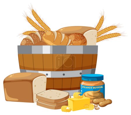 Illustration for A group of organic wheat products including bread, bakery items, and peanut butter - Royalty Free Image