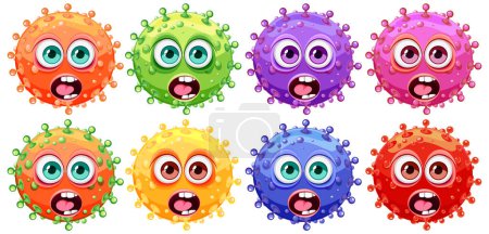 Ilustración de Un animado conjunto de ilustraciones vectoriales con personajes de dibujos animados monstruosos que representan bacterias, gérmenes y virus - Imagen libre de derechos