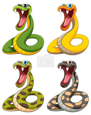 Téléchargez les illustrations : Illustration vectorielle de quatre serpents à la bouche ouverte et aux grandes dents acérées, isolés sur fond blanc - en licence libre de droit