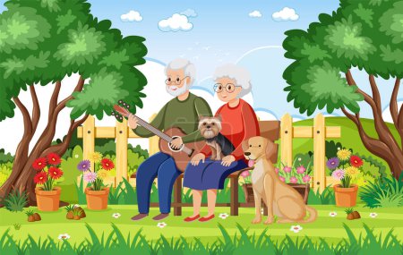 Téléchargez les illustrations : Heureux couple retraité profitant de la musique avec leurs chiens de compagnie - en licence libre de droit