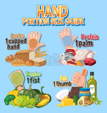 Illustration for Comparing food amounts using hand portion sizes - Royalty Free Image