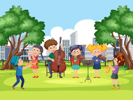 Illustration for Vibrant group of young musicians playing music with instruments in a park - Royalty Free Image