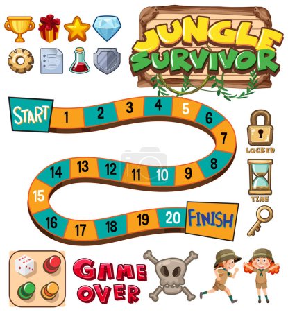 Téléchargez les illustrations : Un modèle de jeu de société amusant sur le thème de la jungle pour les amateurs d'aventure - en licence libre de droit