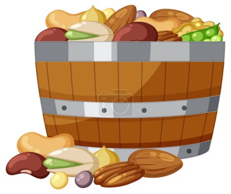 Téléchargez les illustrations : Illustration vectorielle colorée en forme de dessin animé de noix dans un tonneau en bois - en licence libre de droit
