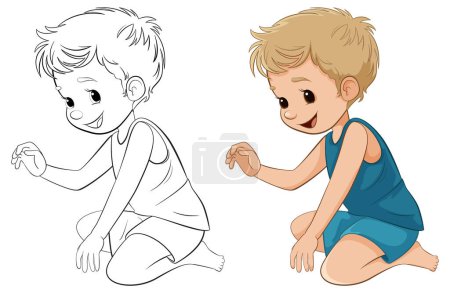 Téléchargez les illustrations : Un personnage de dessin animé joyeux d'un garçon assis, prêt à colorier - en licence libre de droit