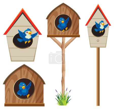 Ilustración de Una encantadora colección de coloridos pájaros reunidos alrededor de una casa de aves - Imagen libre de derechos