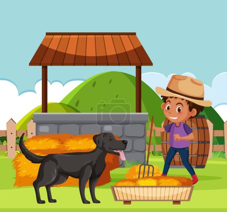 Téléchargez les illustrations : Un garçon tient une fourche de jardin tandis qu'un chien se tient à proximité sur un paysage agricole - en licence libre de droit