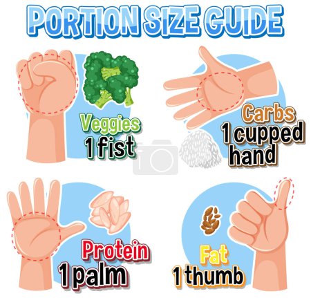 Ilustración de Comparación de cantidades de alimentos utilizando tamaños de porciones de mano - Imagen libre de derechos