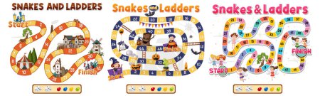 Illustration for Colorful vector cartoon illustration of a snakes and ladders game template - Royalty Free Image