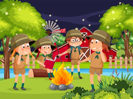Illustration for A vector cartoon illustration of a boy and girl enjoying a picnic by a river in a scenic rural landscape - Royalty Free Image