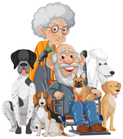 Illustration for Elderly couple with dogs on wheelchair in isolation - Royalty Free Image
