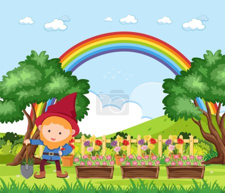 Illustration for A charming cartoon illustration of a dwarf gardening in a scenic rural setting - Royalty Free Image