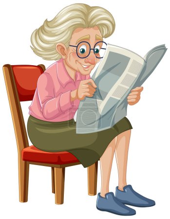 Téléchargez les illustrations : Vieille grand-mère absorbée par la lecture des nouvelles sur chaise vintage - en licence libre de droit