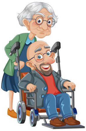 Téléchargez les illustrations : Grand-mère attentionnée fournissant un soutien au grand-père âgé en fauteuil roulant - en licence libre de droit