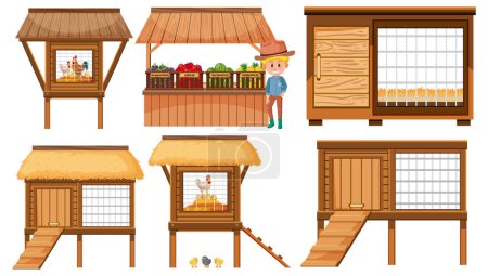 Illustration for Vector cartoon illustrations depicting a set of chicken houses for farming - Royalty Free Image