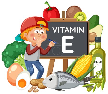 Téléchargez les illustrations : Étudiant écrit sur la vitamine E entourée de nourriture - en licence libre de droit