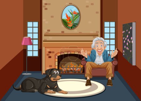 Téléchargez les illustrations : Un vieux grand-père assis sur un canapé dans un salon, rempli d'excitation alors qu'il interagit avec un chien Rottweiler - en licence libre de droit