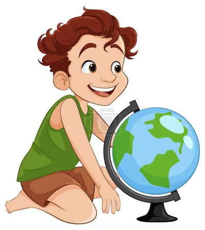 Illustration for Cartoon character boy happily sits and explores world globe toy - Royalty Free Image