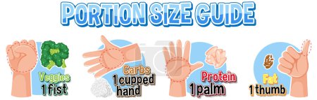 Ilustración de Comparación de las cantidades de alimentos utilizando la guía de tamaño de porción de mano - Imagen libre de derechos