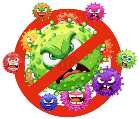Ilustración de Ilustración de un monstruo de dibujos animados que representa bacterias, gérmenes y virus con un signo de cruz que indica la necesidad de detenerlos - Imagen libre de derechos
