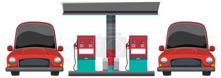 Téléchargez les illustrations : Illustration vectorielle d'une station-service et d'une voiture pétrolière - en licence libre de droit