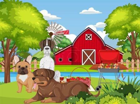 Illustration for Cartoon illustration of animals in rural landscape with river - Royalty Free Image