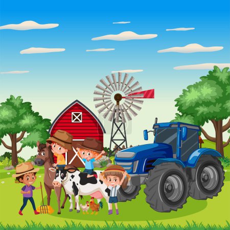 Téléchargez les illustrations : Les enfants s'amusent à explorer une terre agricole rurale avec un tracteur, une voiture et une grange - en licence libre de droit