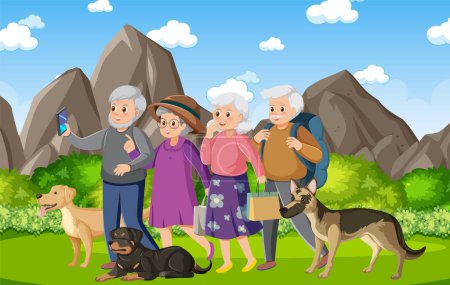 Illustration for Elderly friends and their pets hiking in nature - Royalty Free Image