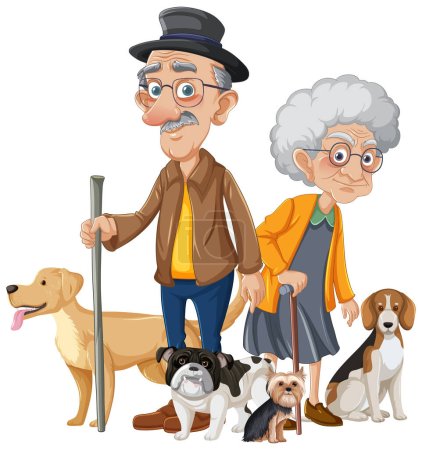 Illustration for A heartwarming illustration of an elderly couple with their beloved pet dogs - Royalty Free Image