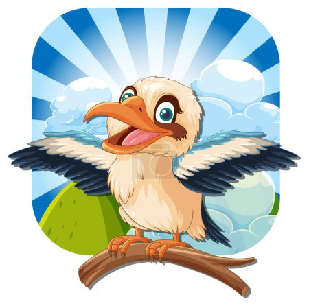 Illustration for A cartoon kookaburra bird stands on a tree branch with a mountain background - Royalty Free Image