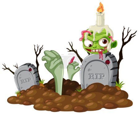 Téléchargez les illustrations : Illustration vectorielle de type dessin animé d'un zombie émergeant du sol - en licence libre de droit